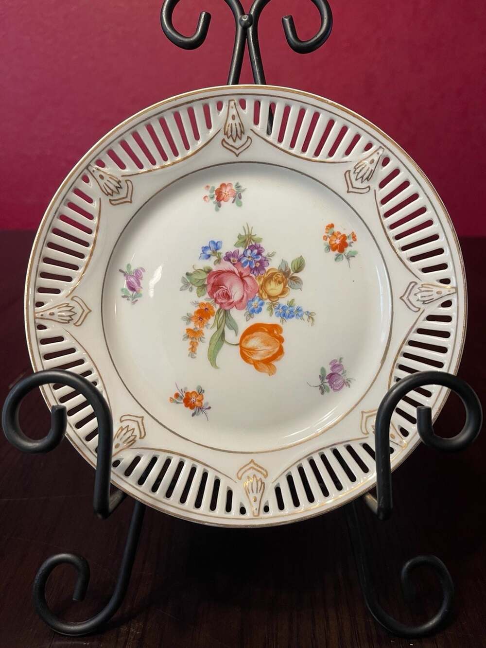 Bavaria Antique Porcelain Reticulated Decorative Plate with Floral Motif
